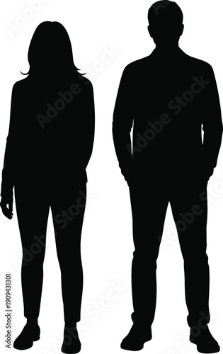 Full length silhouette of a young man and woman standing together in casual clothing isolated on white background for lifestyle and relationship concepts
