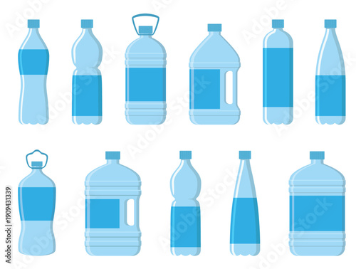 Collection of plastic water bottles of various shapes. Vector illustration isolated on white background