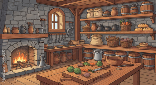 Illustrated medieval kitchen scene. Features vegetables on a cutting board, fireplace, stone walls, wooden shelves with supplies. Ideal for fantasy, historical, or culinary themed projects.