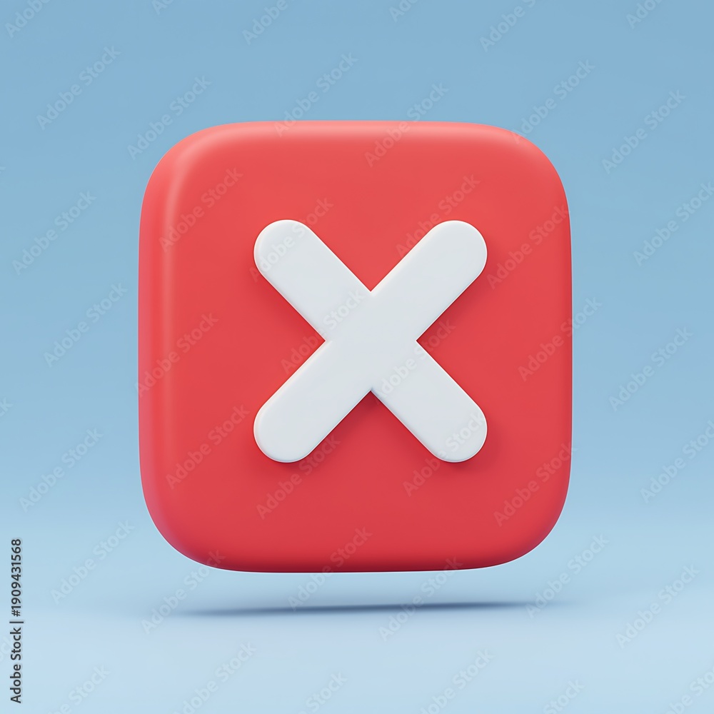 Obraz premium Red square button with white cross symbol on light blue background