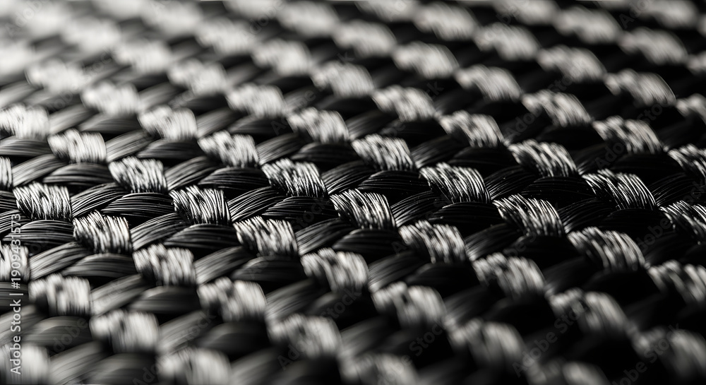 Fototapeta premium Intricate dark woven texture, revealing a detailed geometric pattern and sophisticated material surface, ideal for modern design backgrounds and high-tech aesthetics