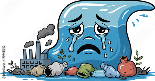 Sad polluted water cartoon illustration showing crying ocean wave surrounded by plastic waste and factory smoke, environmental pollution concept isolated on white background