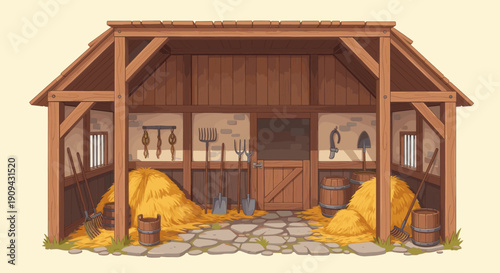 Illustration of a rustic, open stable filled with hay, farming tools, and wooden buckets. Ideal for children's books, farm-themed designs, or educational resources.