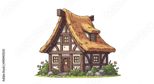 Whimsical illustration of a cute medieval cottage with a thatched roof, perfect for fairytale books, game design, or children's content. Cartoon style isolated on white background.
