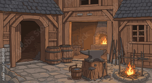 Cartoon style illustration of a blacksmith's workshop with anvil, forge, tools, and burning fire. Suitable for fantasy, games, backgrounds, or educational purposes.