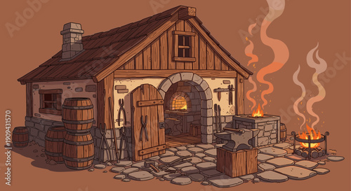 Cartoon illustration of a blacksmith's forge with anvil, fire, and various tools. Ideal for fantasy games, historical reenactments, education, or creative project visuals.