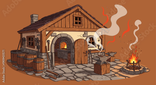 Illustration of a cartoon blacksmith shop with forge, anvil, tools, barrels, and fire pit on orange background. For fantasy, gaming, and historical content.