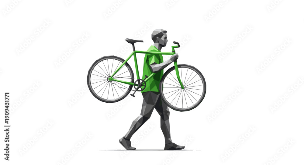 Fototapeta premium Low polygon style illustration of a man carrying a green bicycle. Clean, modern design ideal for technology, sports, or environmentally conscious brands. Copy space for text.