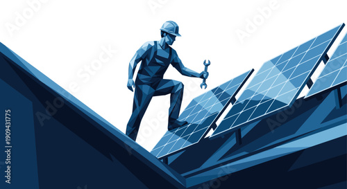 Modern geometric illustration of a worker installing or repairing solar panels. Clean energy concept for sustainability, power, and environmental projects.
