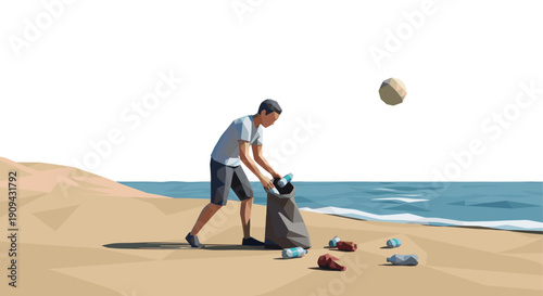 A low polygon illustration of a man picking up plastic bottles and other waste on a beach, clean up day, volunteer work.