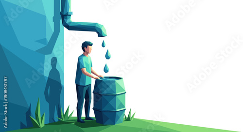 Low-poly style illustration featuring a person collecting rainwater in a barrel. Perfect for environmental, conservation, or sustainability themed projects, websites, or presentations.