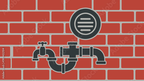 Illustration of plumbing and fixtures superimposed on a brick wall background