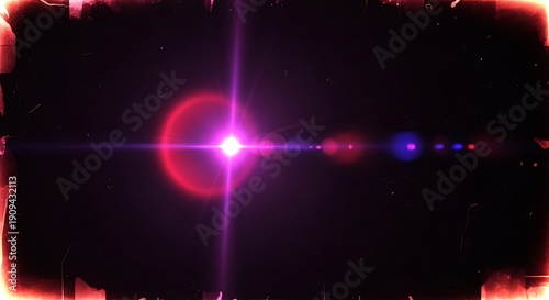 Vibrant Magenta and Blue Lens Flare with Bright Cross Light and Grunge Border on Dark Background
