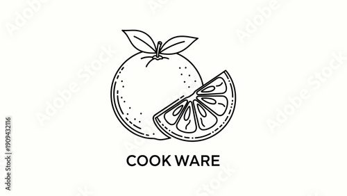 Black outline image of an orange and slice, leaf details, and "COOK WARE" text