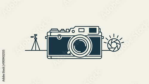A teal line art illustration of a camera with lens, tripod, and aperture symbol