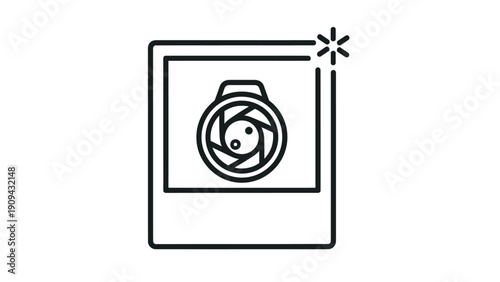 A black and white vector graphic of a photo frame with a camera lens and a starburst flash