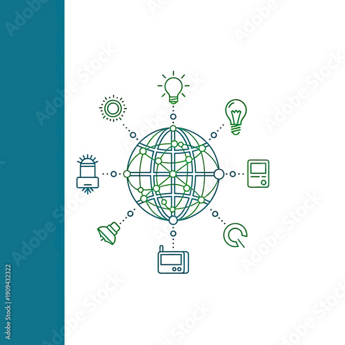 A network graphic depicts connected icons orbiting a globe, using teal & green