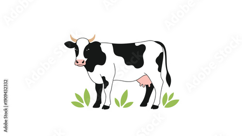 Black and white spotted dairy cow standing calmly amidst green leaves on a plain white background for farm and agriculture themes.