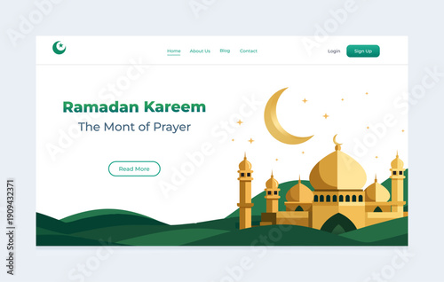 Ramadan Kareem Islamic Landing Page with Golden Mosque and Crescent Moon
