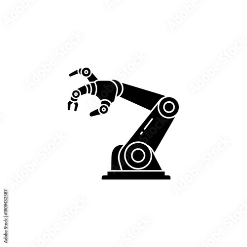 Silhouette of a robotic arm, black on white background. Joints and grippers visible