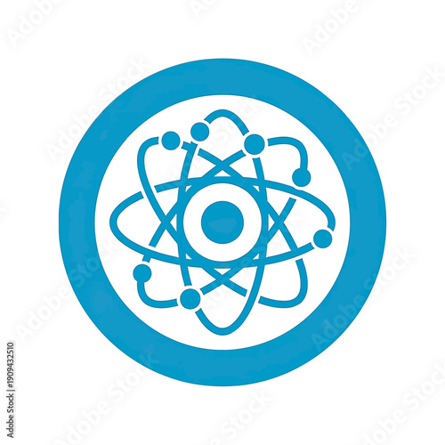 A blue and white atom symbol encircled by a blue ring against a white backdrop