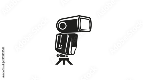 A black and white illustration of a camera flash with a tripod base