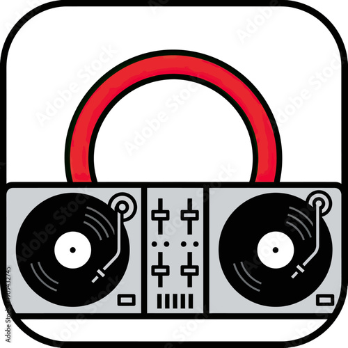 Vector illustration of a DJ setup turntables, mixer, and a red arc on a white background