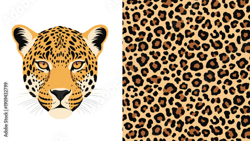 Graphic illustration of a leopard head portrait alongside a matching seamless leopard print pattern with black and brown spots for fashion.