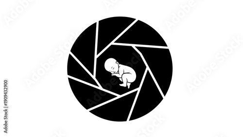 A monochrome illustration of an unborn baby inside a camera lens aperture