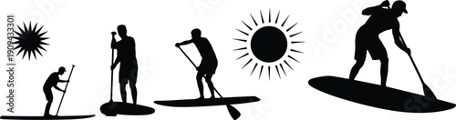 Stand up paddleboarding silhouettes progression, SUP paddlers on boards, summer sun icons, water sport evolution vector illustration isolated white background