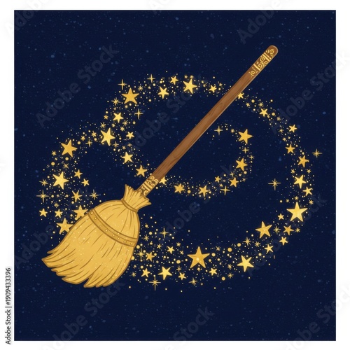 Golden Broom Sweeping Stars with Blue Night Sky Twirl Glitter Illustration