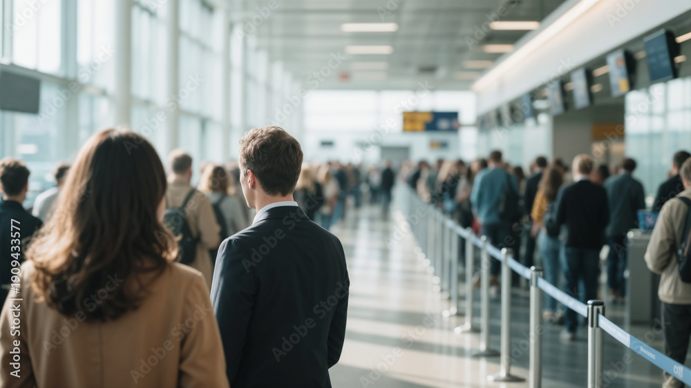 Fototapeta premium Crowded airport terminal with long queue at passport control. standing in line, waiting for immigration process