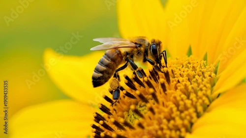 Bee collecting pollen from a bright yellow flower.