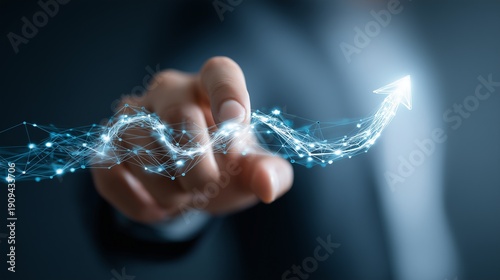 Hand guiding glowing digital arrow swirl toward upward direction, symbolizing change management transformation and strategic leadership in organizational shift.