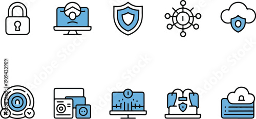 Cyber security, data protection, and network safety dual tone icon set.