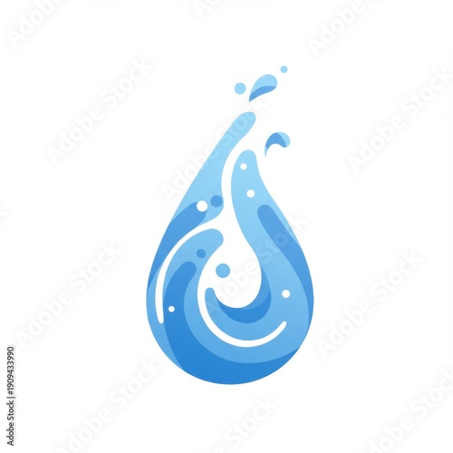 Stylized Blue Water Drop with Wave Pattern and Splashes on White Background