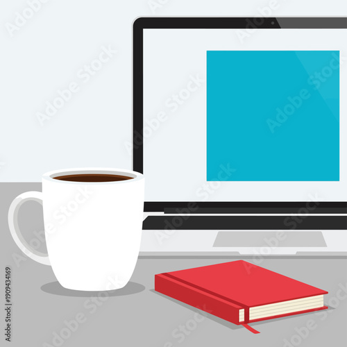 Desk setup with coffee mug, red notebook, and computer monitor