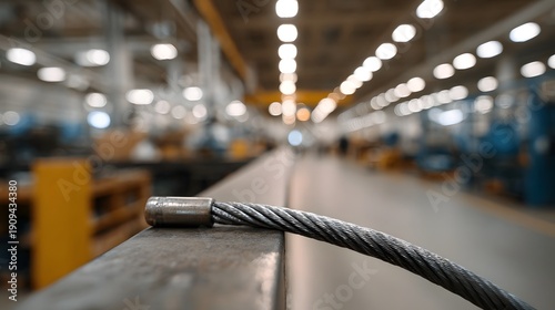 A strong steel cable with a metal ferrule lies on a surface in a blurred industrial factory environment