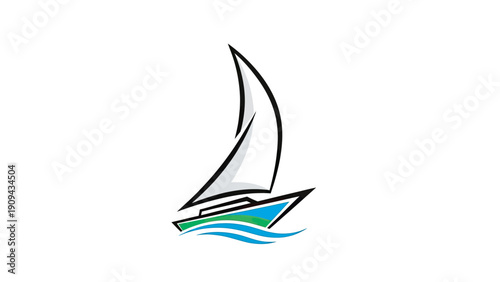 A minimalist sailboat illustration with a white sail, blue water, and a touch of green on white