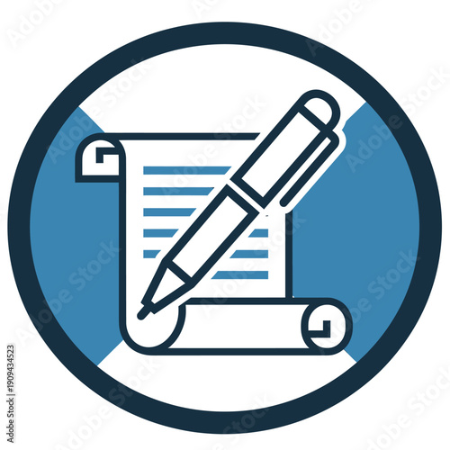 A blue-toned icon of a pen writing on a scroll within a dark blue and light blue circle