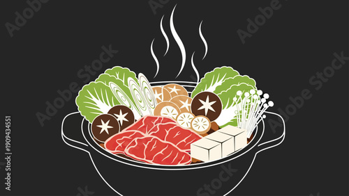 A vector illustration depicts a steaming pot of Japanese hot pot with various ingredients
