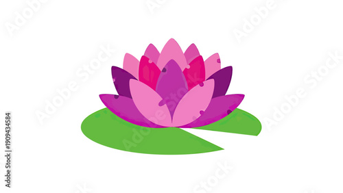 A colorful, stylized lotus flower with overlapping petals and a lily pad against a white background