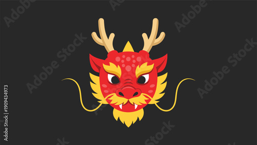 Stylized red dragon head illustration with golden horns and whiskers set against a dark grey background for festive theme.