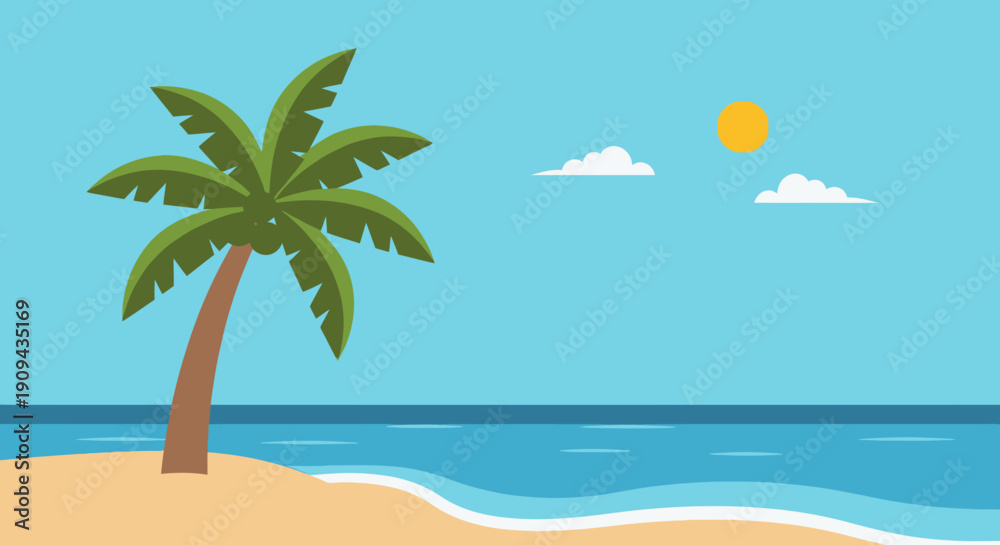 Fototapeta premium Palm Tree on Sandy Beach Illustration.