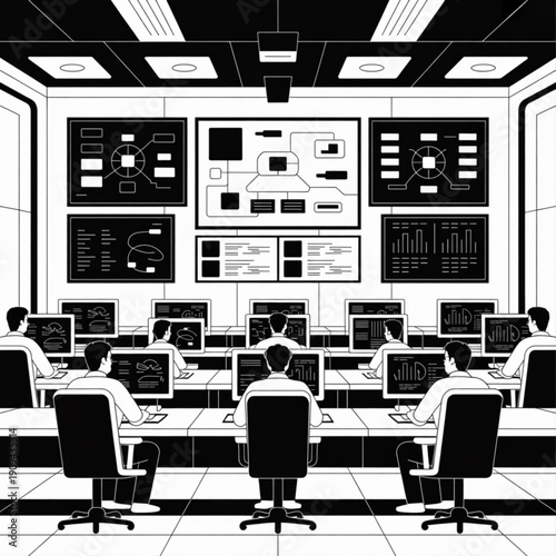 Monochromatic control room illustration with multiple operators at computers, monitoring complex data on large screens.