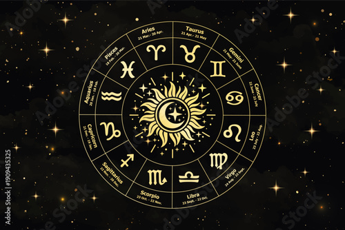 Vector Golden zodiac wheel with astrological symbols and radiant sun on dark background. Elegant celestial design inspired by astrology, horoscope