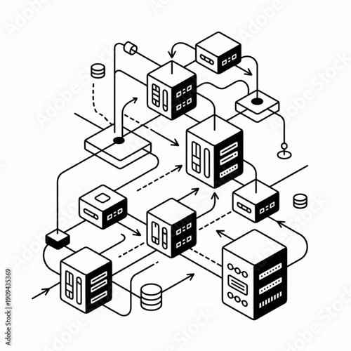 Isometric black and white network diagram with interconnected cubic server nodes and data flow lines, minimalist technical illustration.