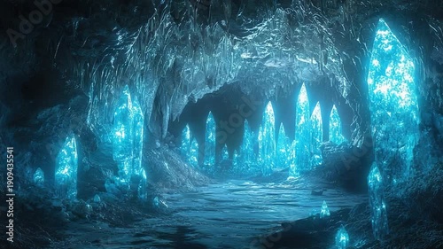 glowing crystals, cave interior, fantasy video