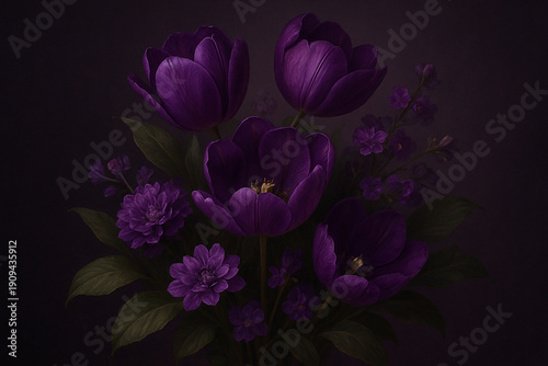 Beautiful elegant purple flowers delicate botanical arrangement with vibrant natural colors.