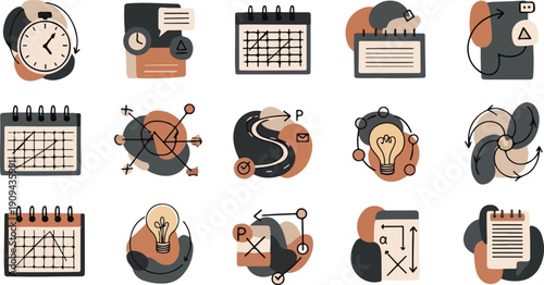 Flat Education and Productivity Icon Set for Business Planning, Academic Schedule, and Time Management Strategy